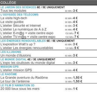 Tarifs collège Cité des télécoms